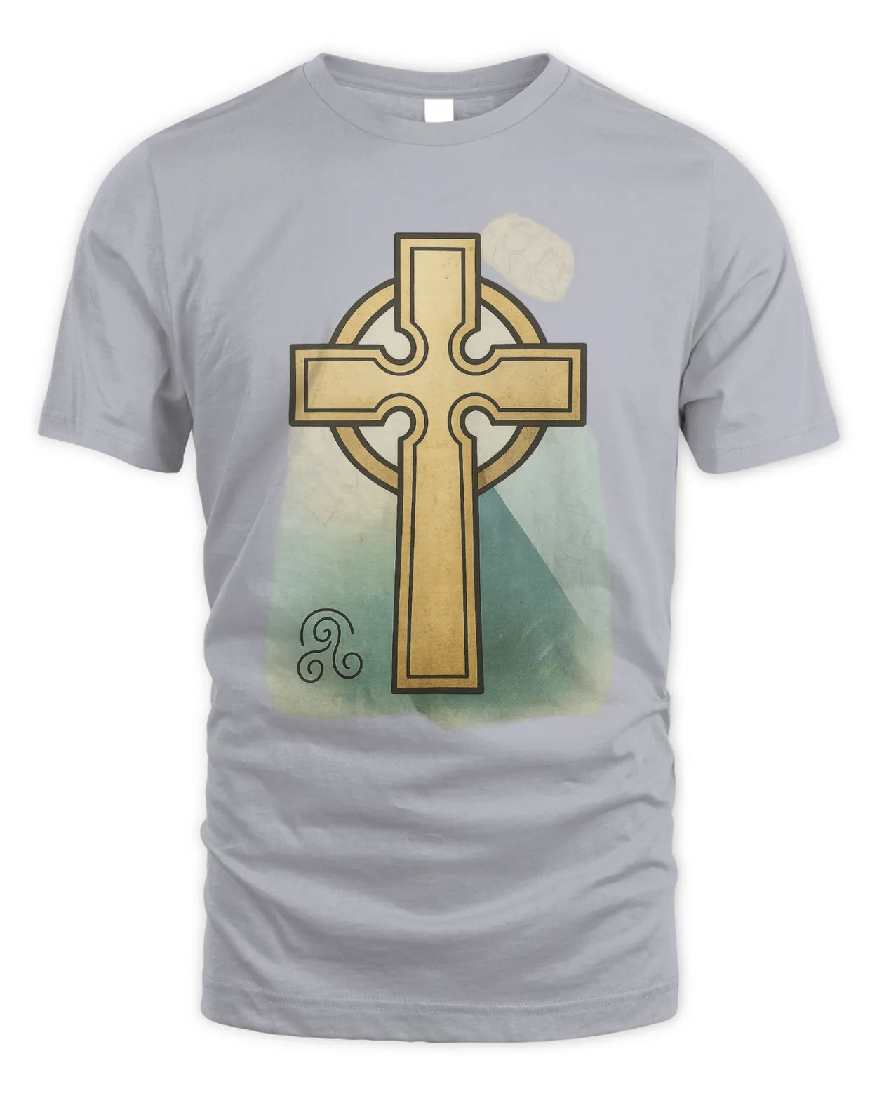 Light gray T-shirt with gold Celtic cross front graphic and light cloud icon