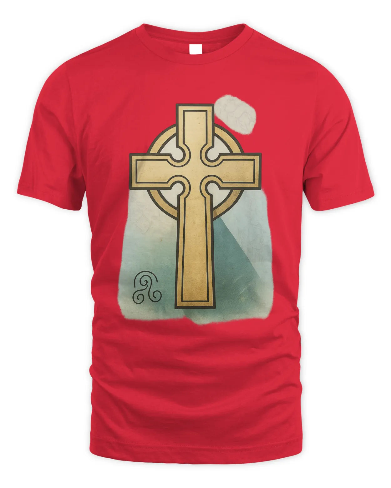 Red T-shirt with gold Celtic cross front graphic and light cloud icon