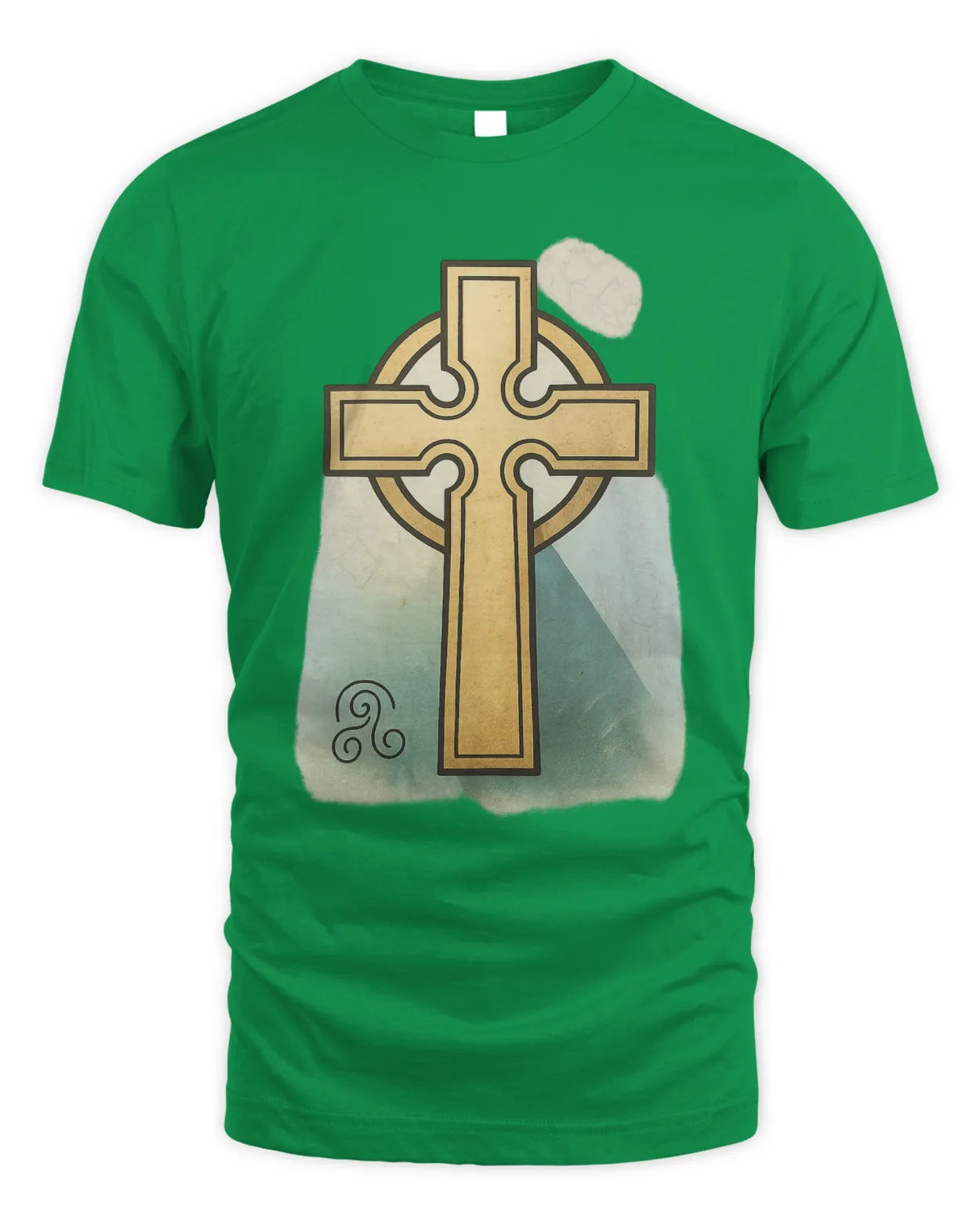 Green T-shirt with gold Celtic cross front graphic and light cloud icon