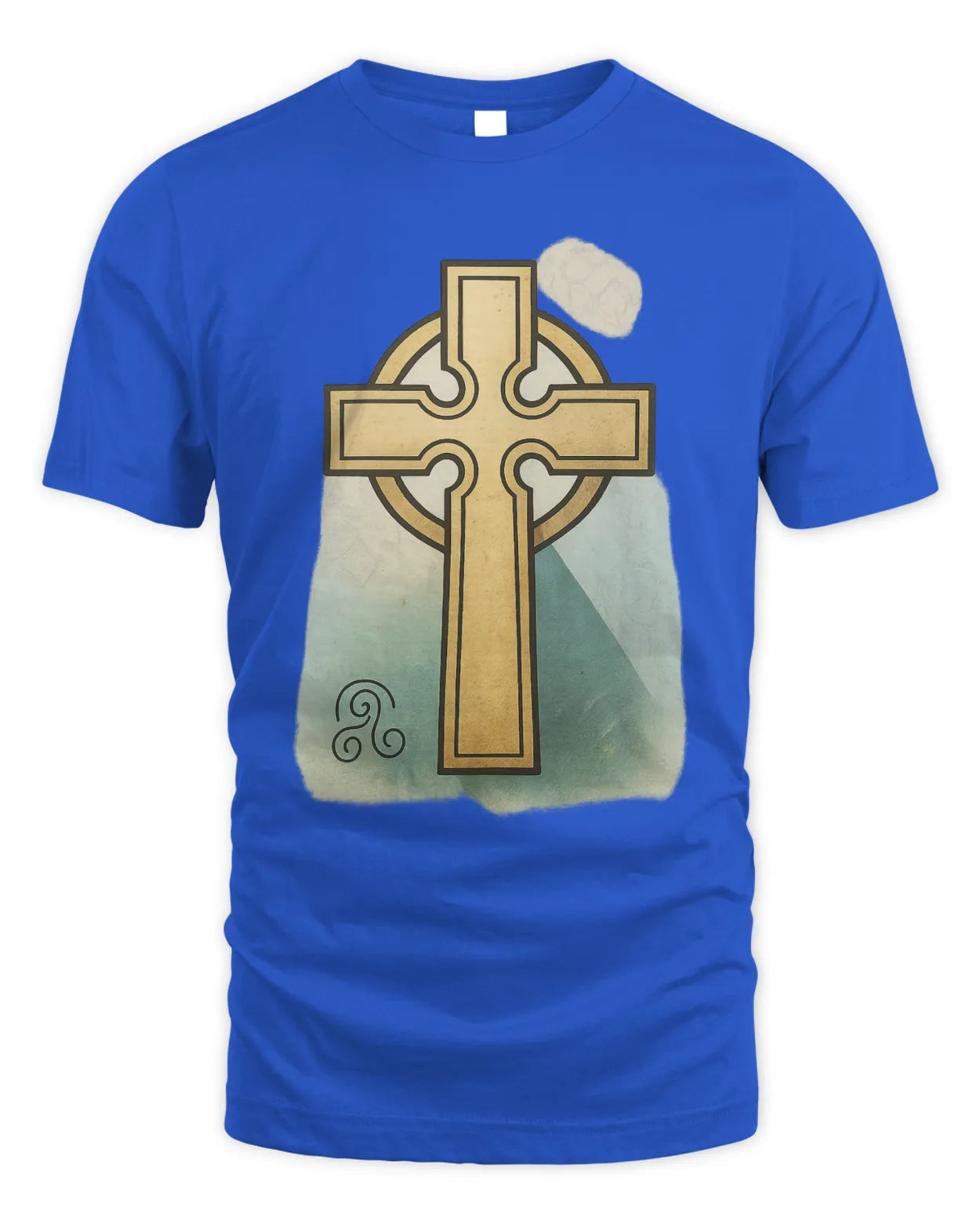 Royal blue T-shirt with gold Celtic cross front graphic and light cloud icon