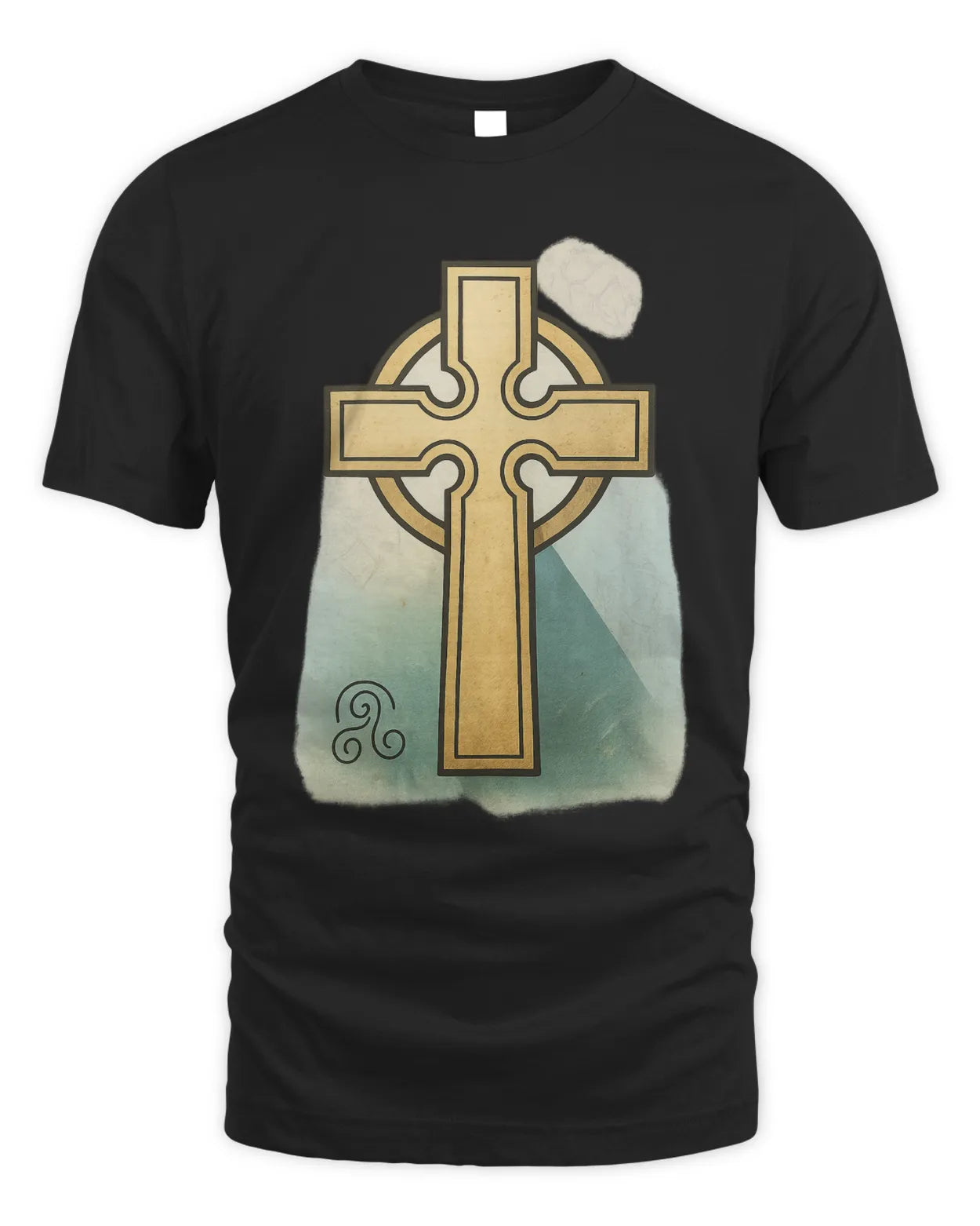 Black T-shirt with gold Celtic cross front graphic and light cloud icon