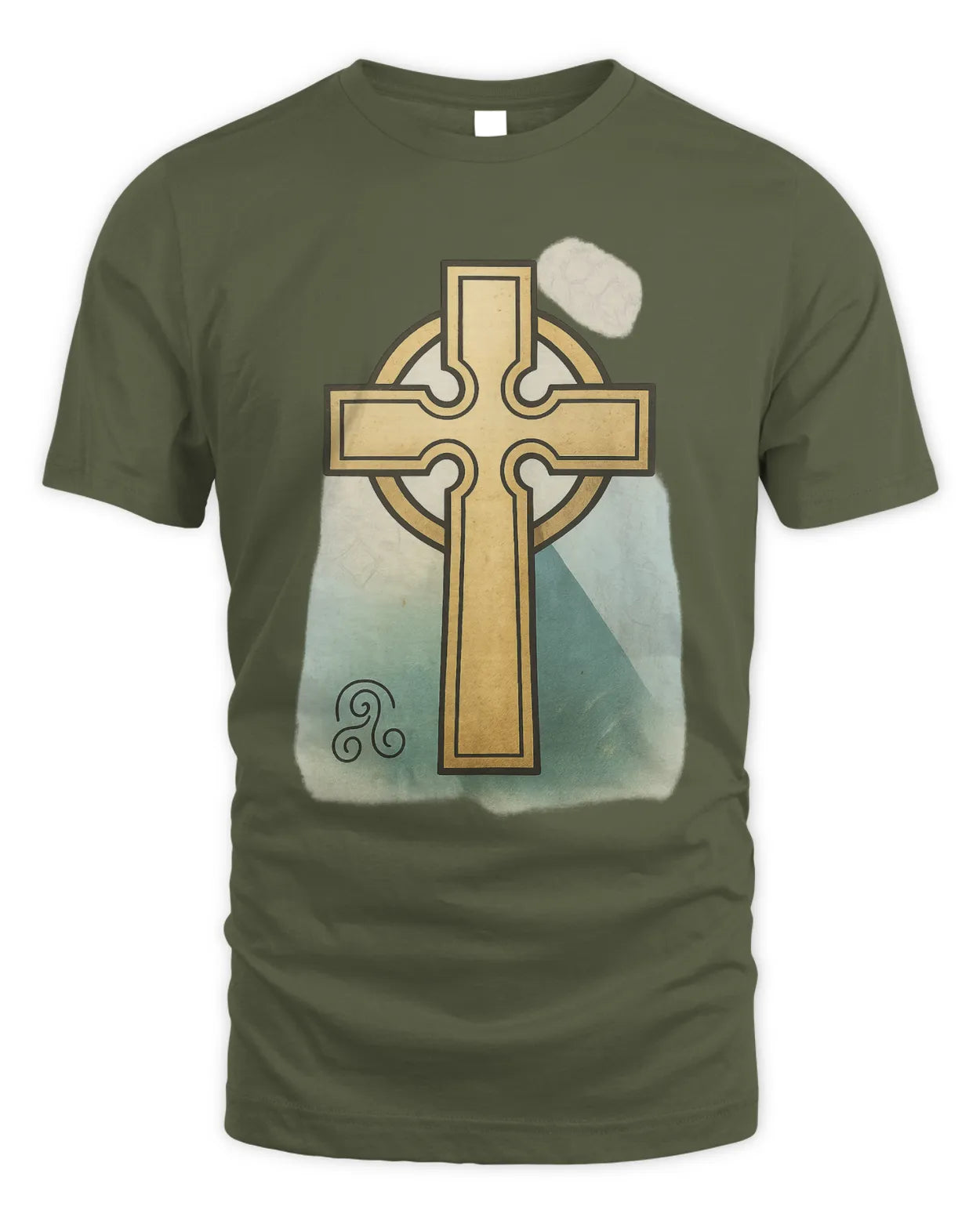 Olive green T-shirt with gold Celtic cross front graphic and light cloud icon