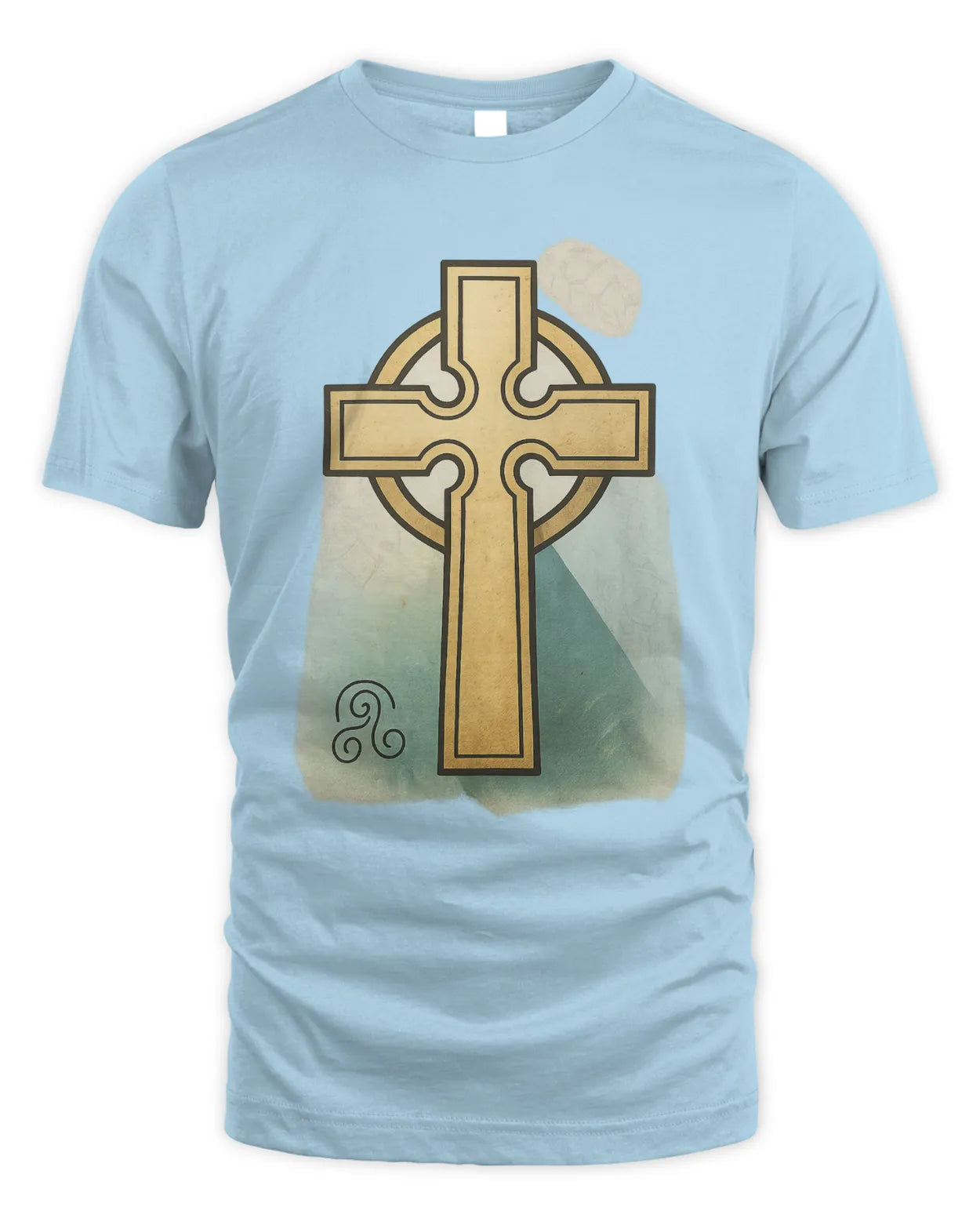 Light blue T-shirt with gold Celtic cross front graphic and light cloud icon