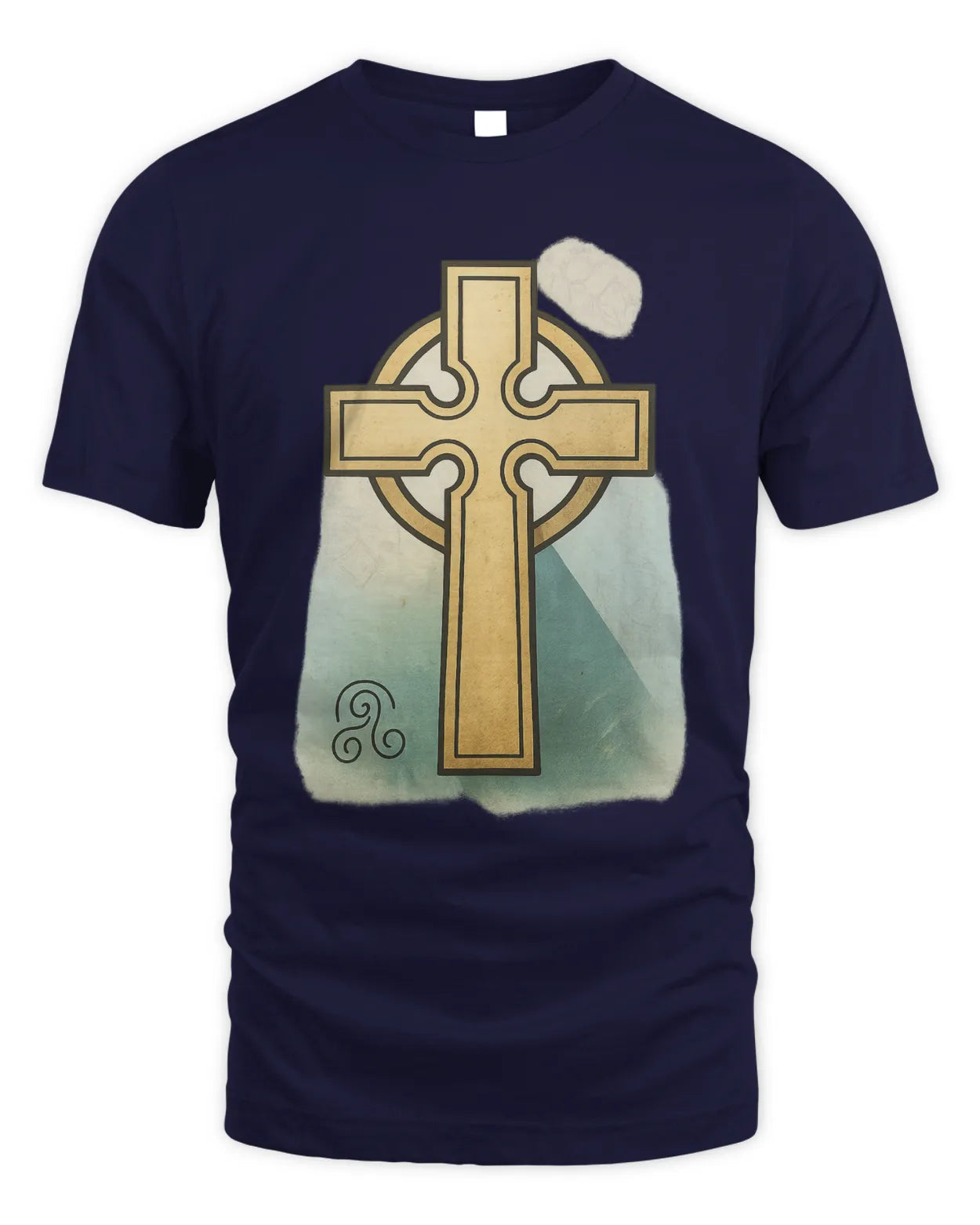 Navy T-shirt with gold Celtic cross front graphic and light cloud icon