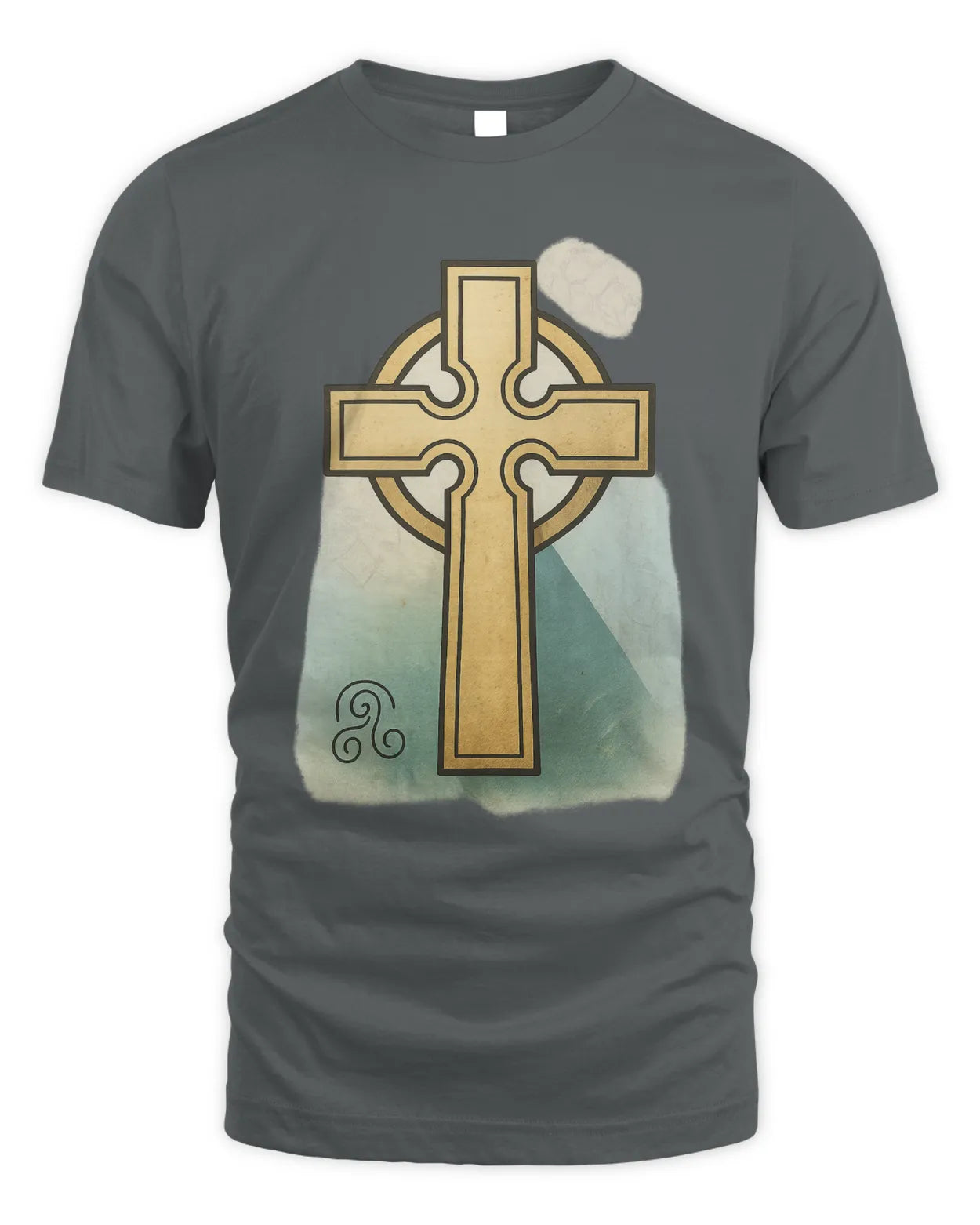 Charcoal gray T-shirt with gold Celtic cross front graphic and light cloud icon
