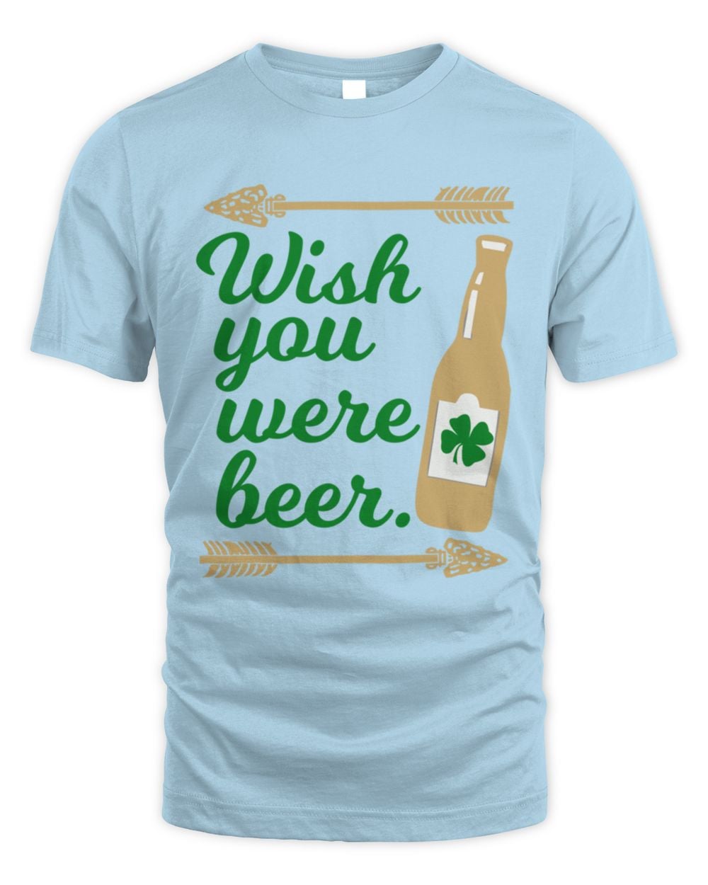 Light blue St Patricks Day beer pride graphic T-shirt with “Wish you were beer” text