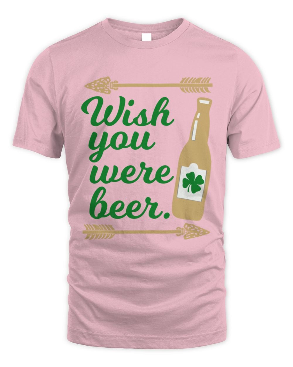 Light pink St Patricks Day beer pride graphic T-shirt with “Wish you were beer” text