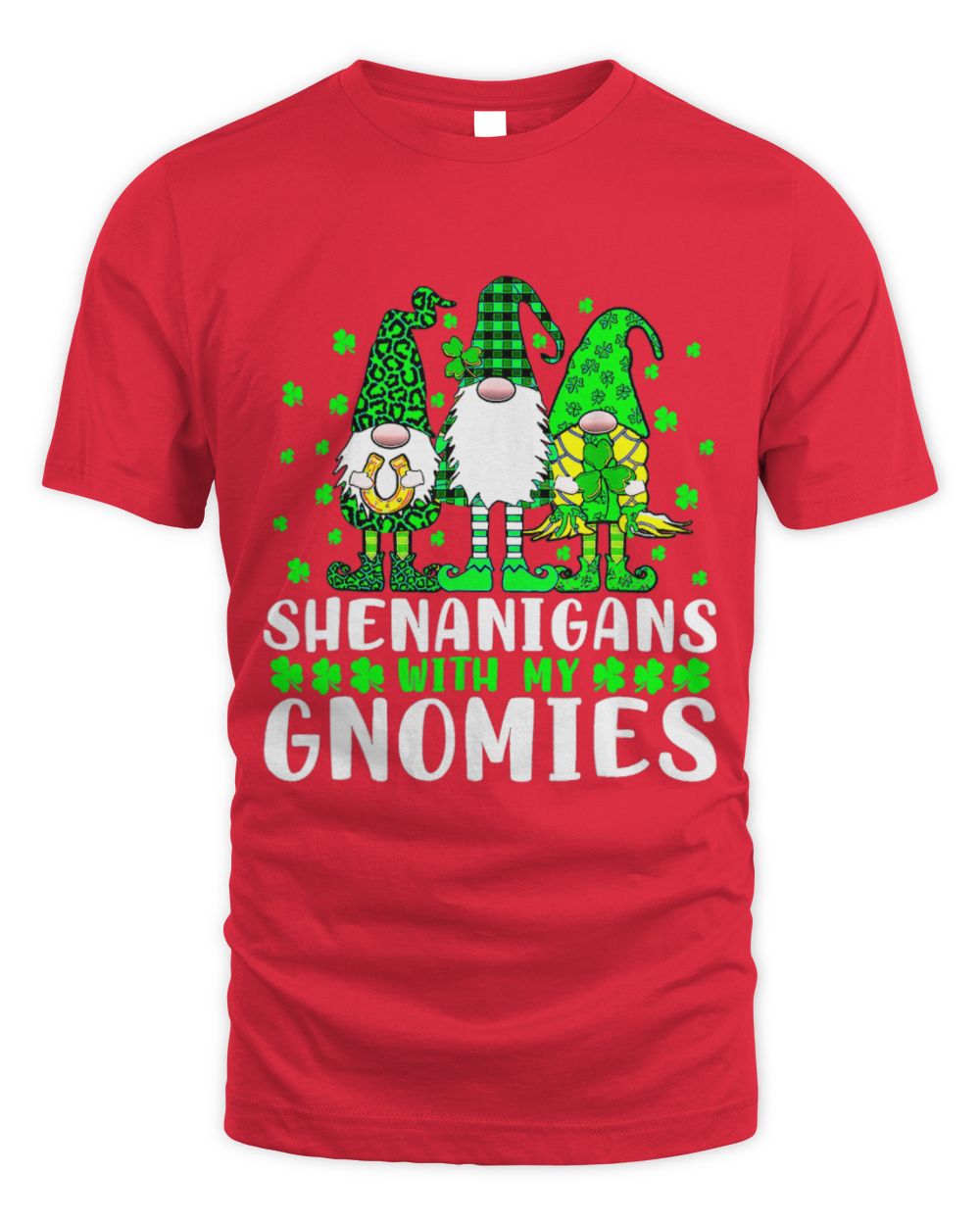 Red T-shirt with gnome magic graphic and stacked lettering design on the front