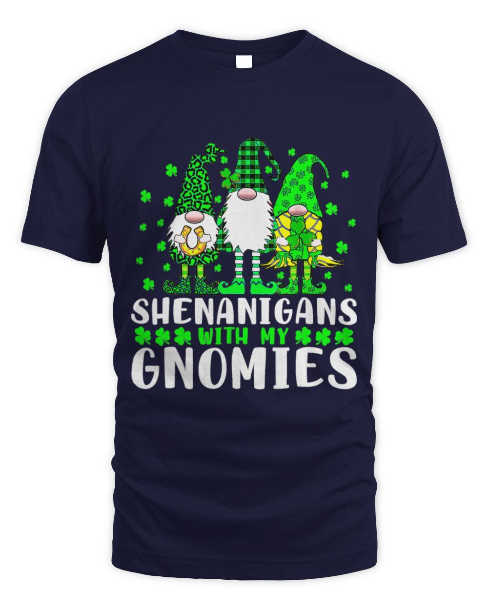 Navy T-shirt with gnome magic graphic and stacked lettering design on the front
