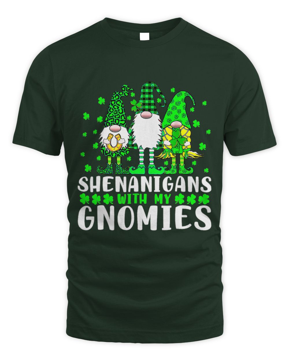 Dark green T-shirt with gnome magic graphic and stacked lettering design on the front