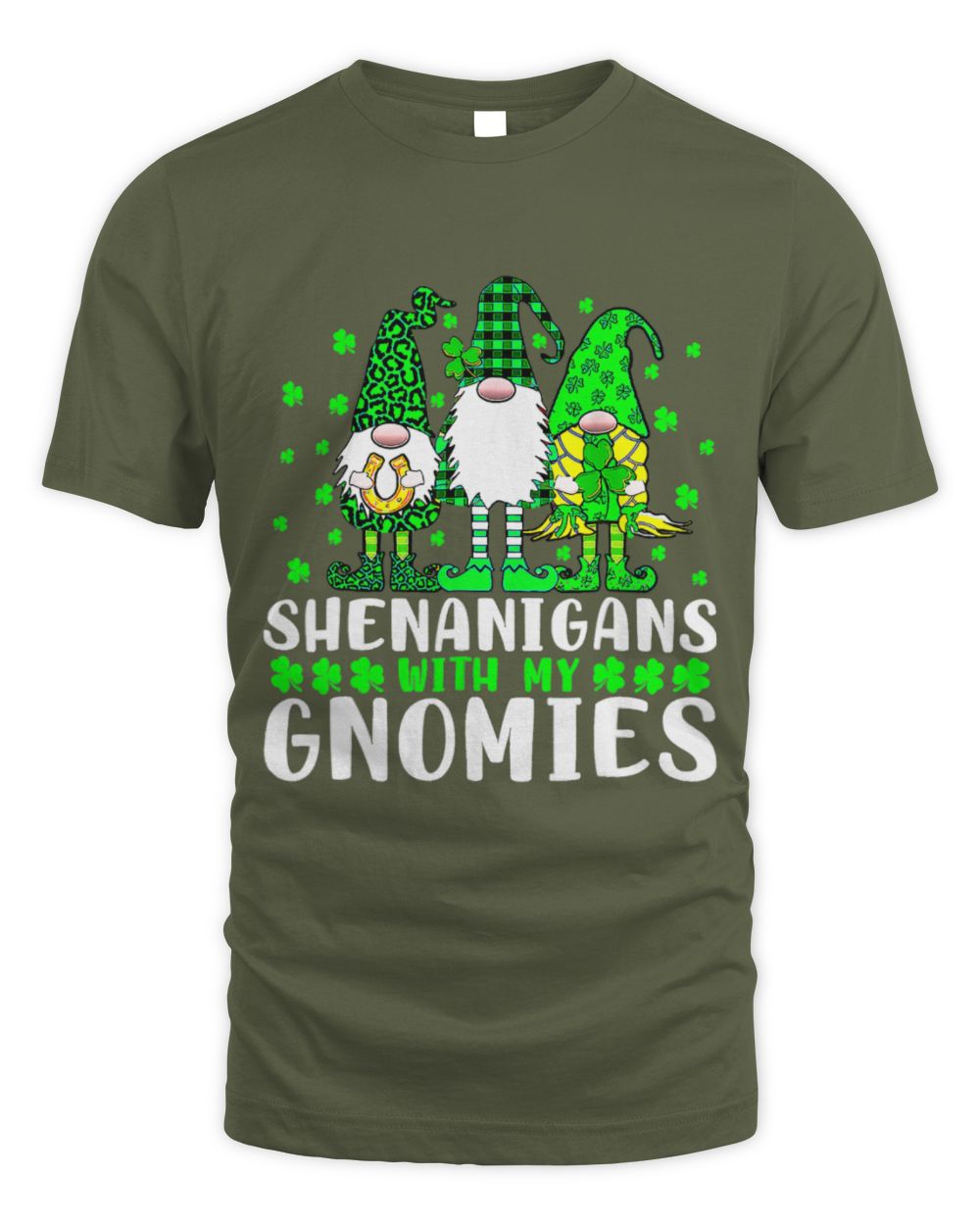 Olive green T-shirt with gnome magic graphic and stacked lettering design on the front