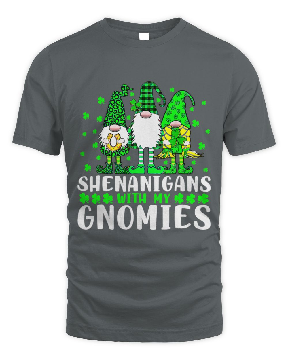 Charcoal gray T-shirt with gnome magic graphic and stacked lettering design on the front
