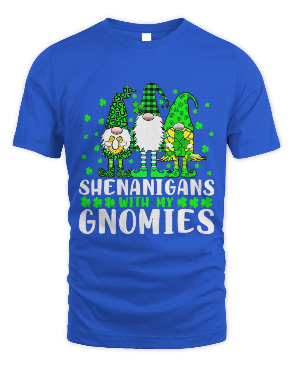 Royal blue T-shirt with gnome magic graphic and stacked lettering design on the front