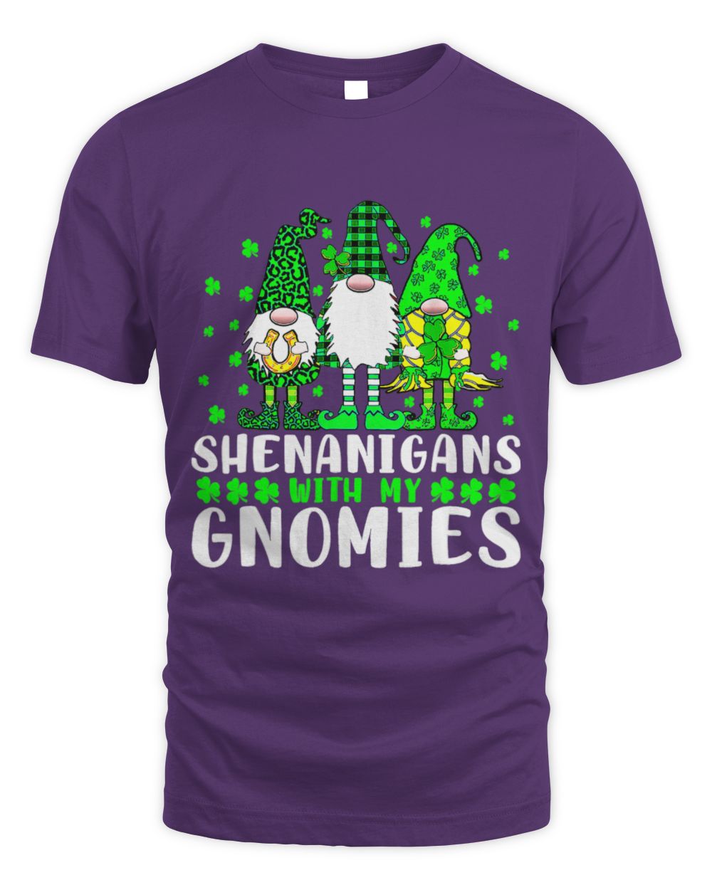 Purple T-shirt with gnome magic graphic and stacked lettering design on the front