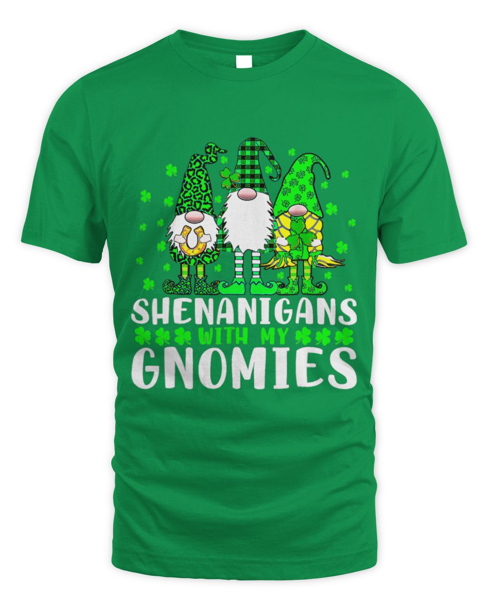 Green T-shirt with gnome magic graphic and stacked lettering design on the front