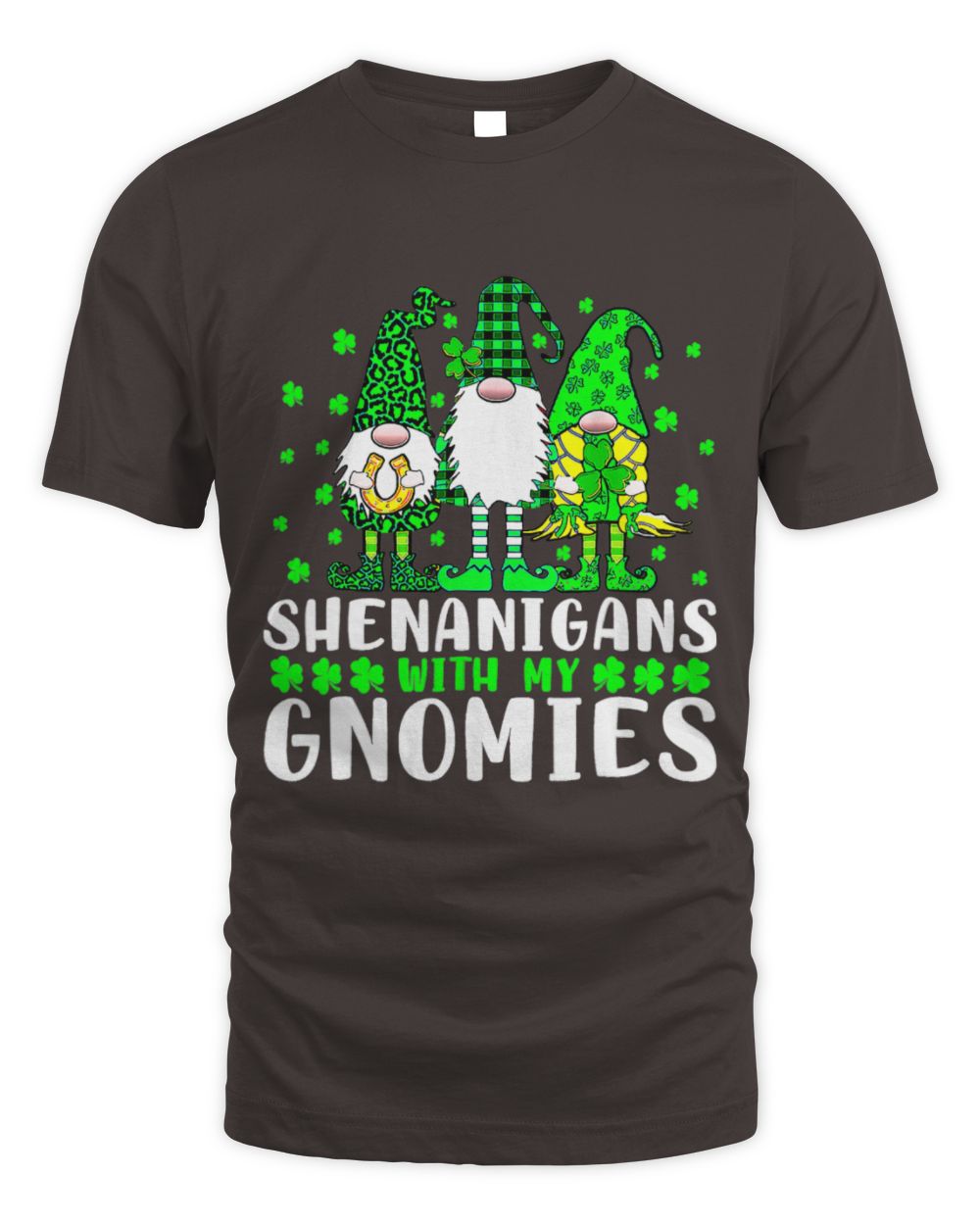 Dark brown T-shirt with gnome magic graphic and stacked lettering design on the front