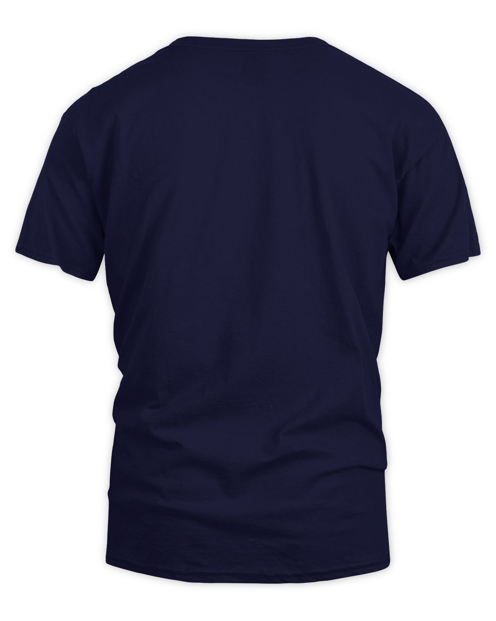 Navy short-sleeve T-shirt, crew neck; plain back view.
