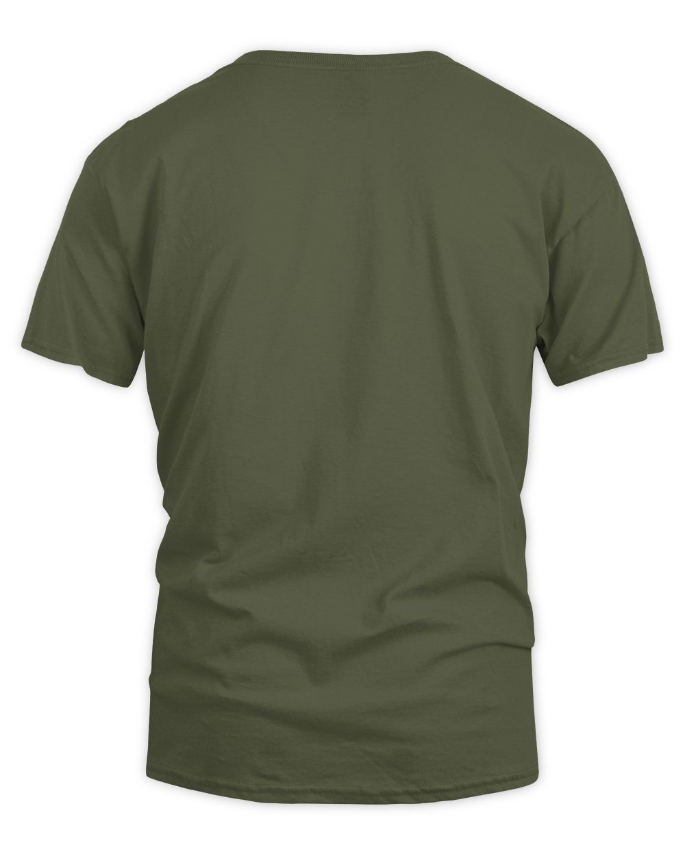 Military green short-sleeve T-shirt, crew neck; plain back view.