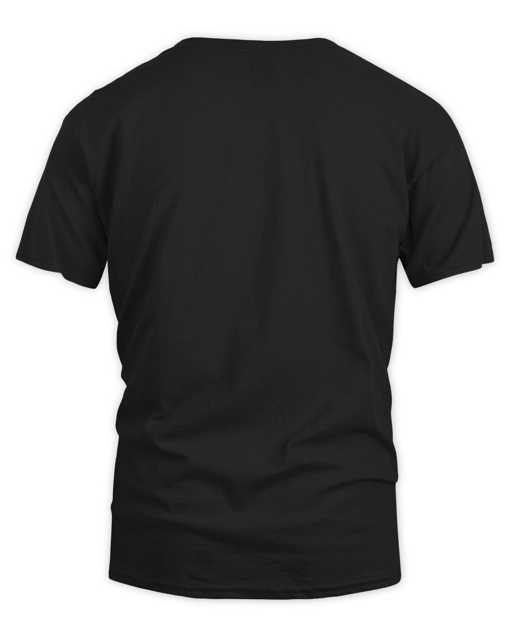 Black short-sleeve T-shirt, crew neck; plain back view.