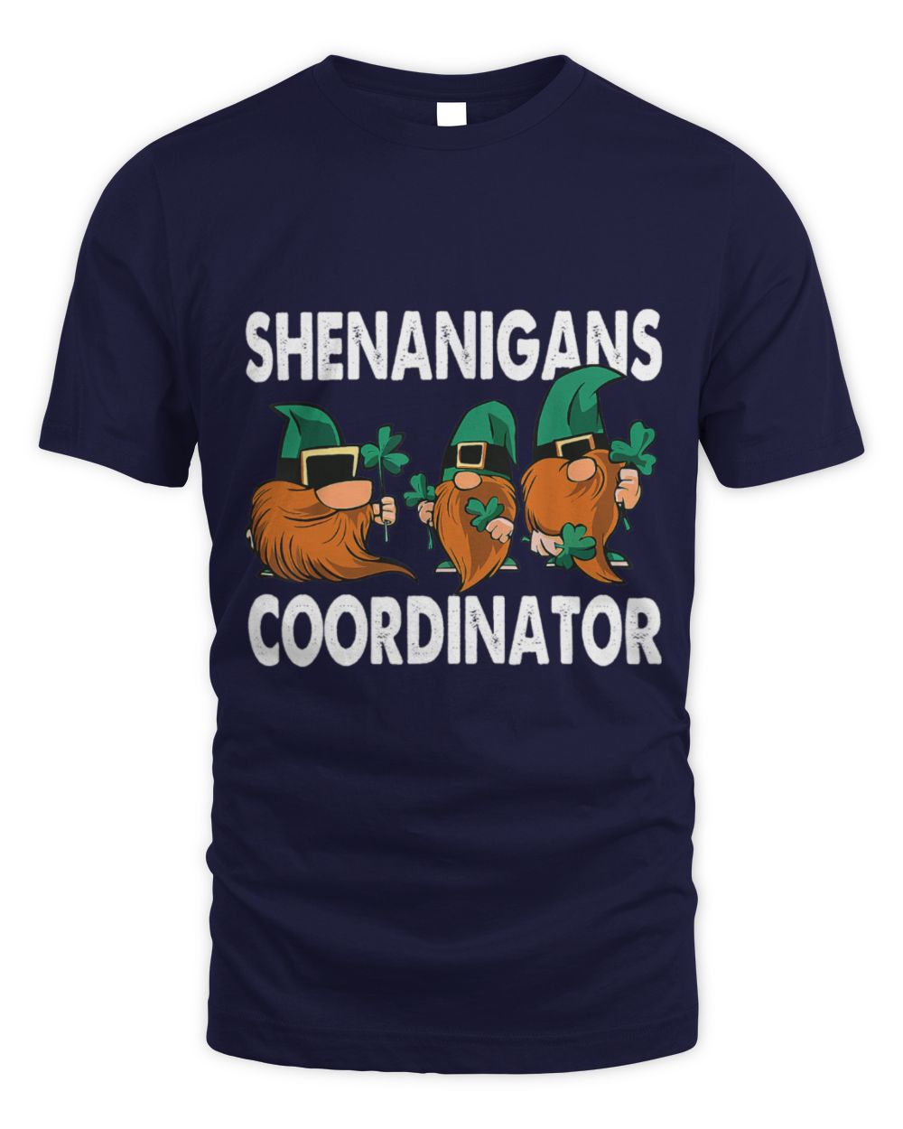 Navy crewneck T-shirt with 'SHENANIGANS COORDINATOR' gnome graphic