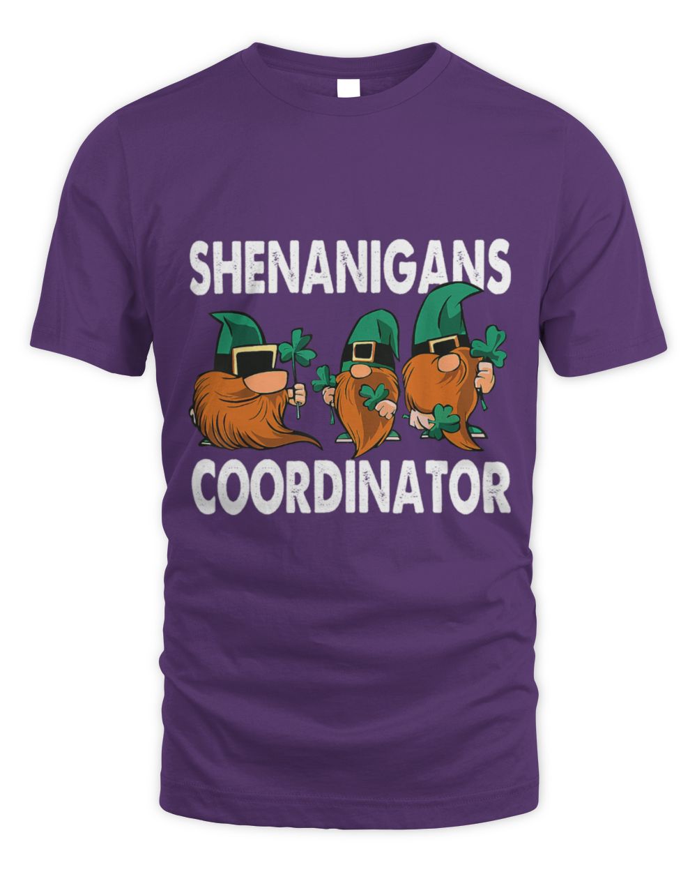 Purple crewneck T-shirt with 'SHENANIGANS COORDINATOR' gnome graphic