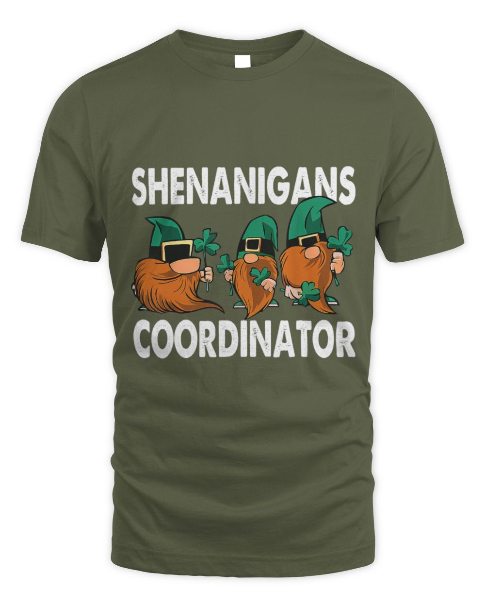 Olive green crewneck T-shirt with 'SHENANIGANS COORDINATOR' gnome graphic