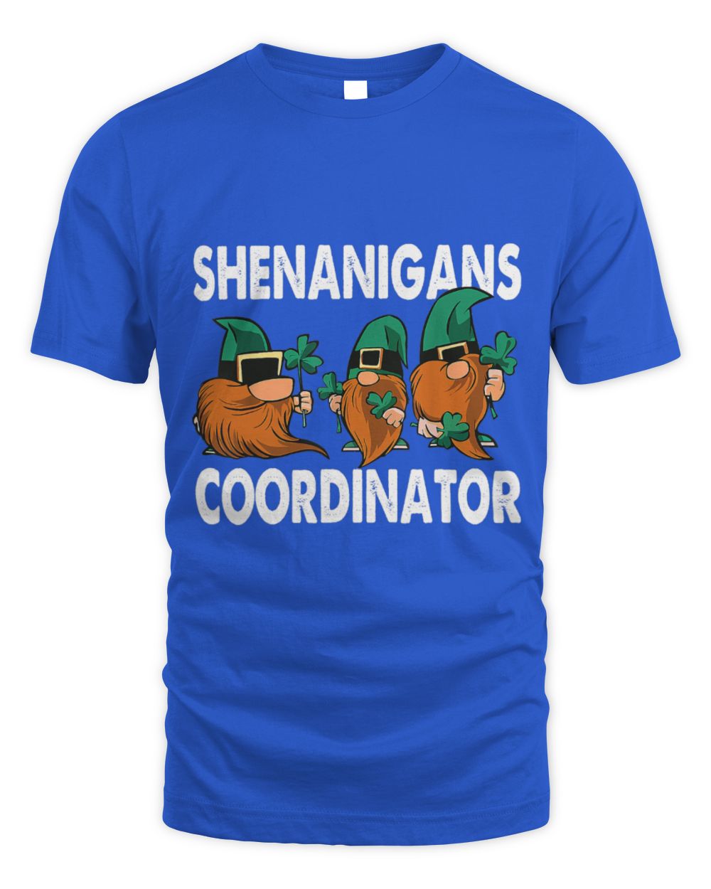 Royal blue crewneck T-shirt with 'SHENANIGANS COORDINATOR' gnome graphic