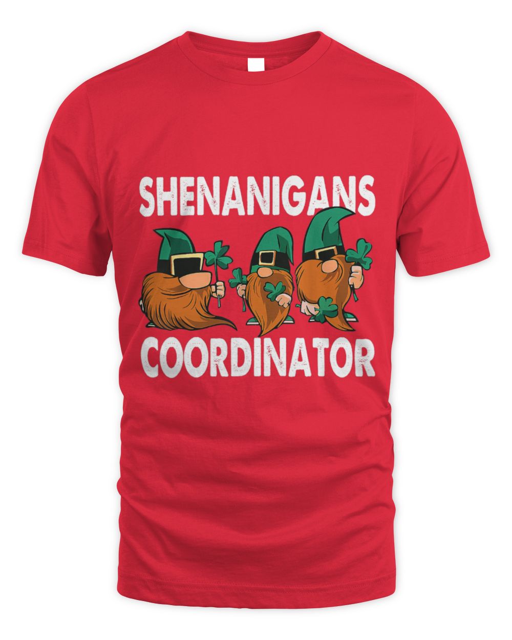 Red crewneck T-shirt with 'SHENANIGANS COORDINATOR' gnome graphic