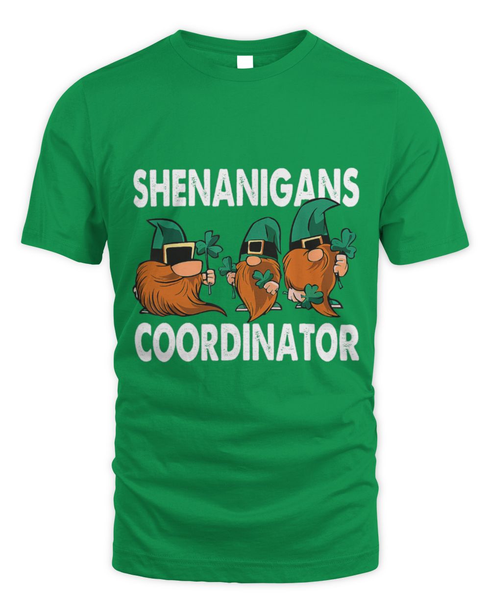 Irish green crewneck T-shirt with 'SHENANIGANS COORDINATOR' gnome graphic