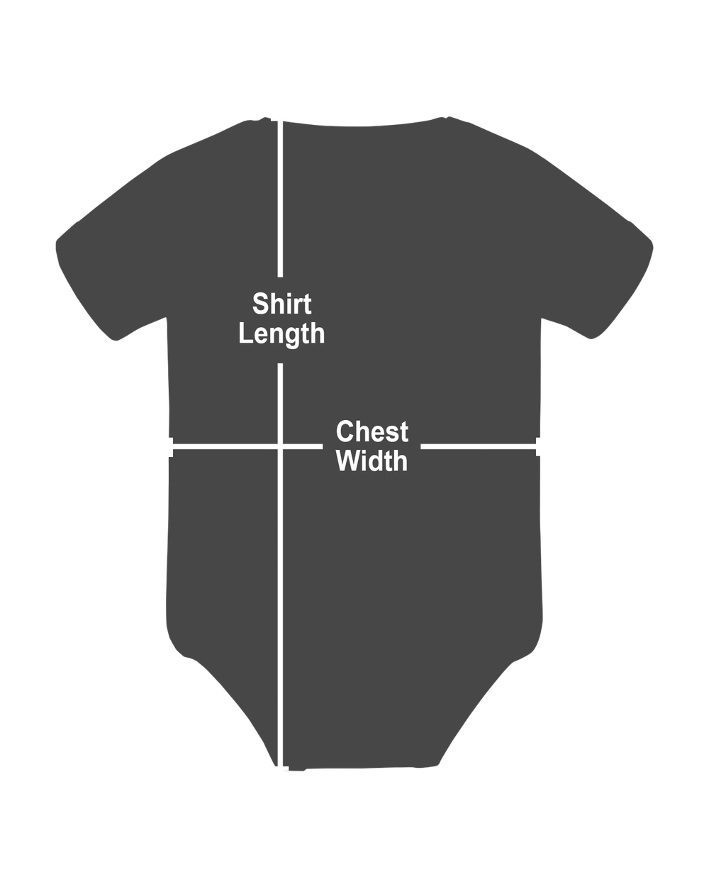 Baby bodysuit measurement diagram showing shirt length and chest width