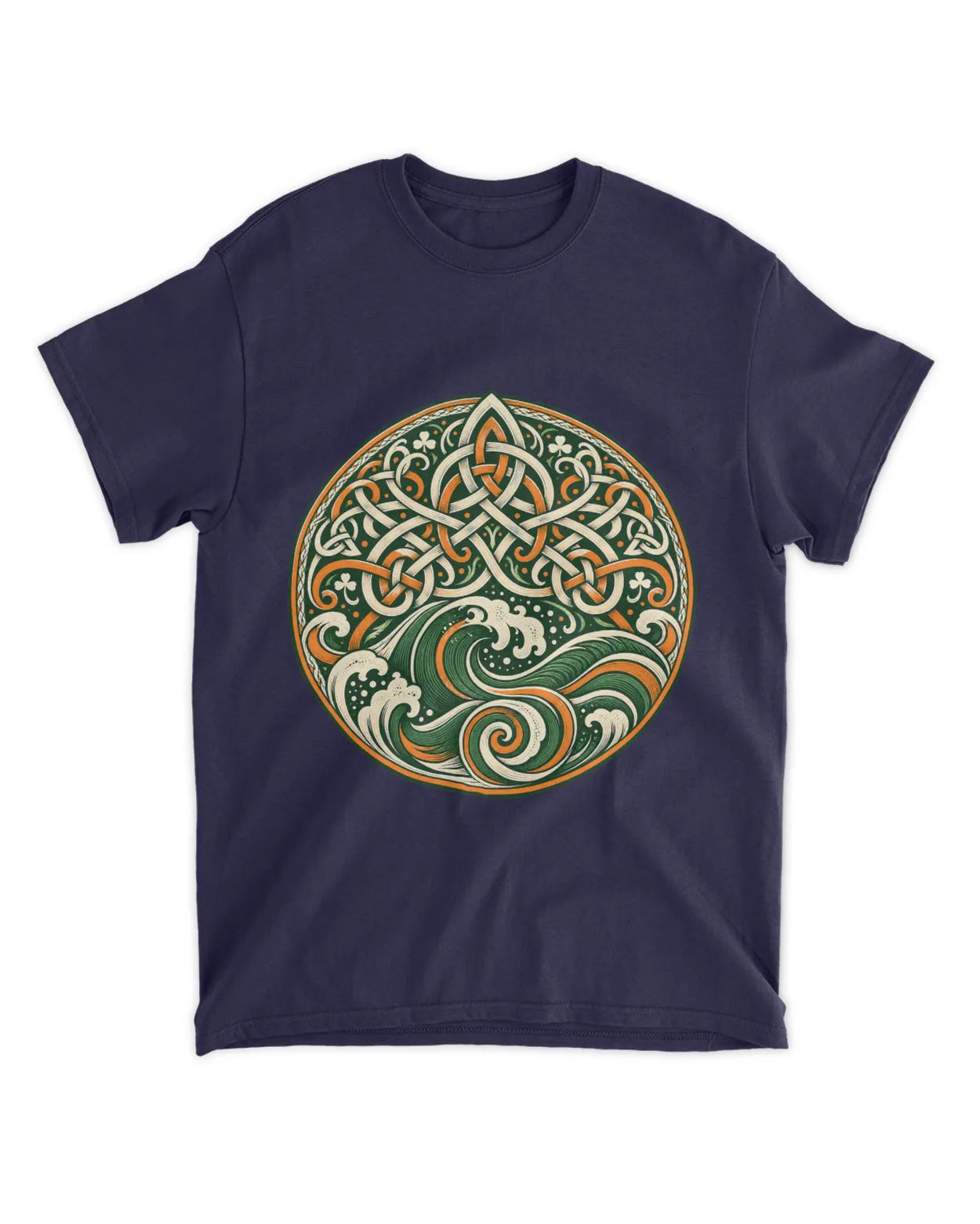 Navy crew-neck t-shirt with circular Celtic knot and green-red trinity graphic