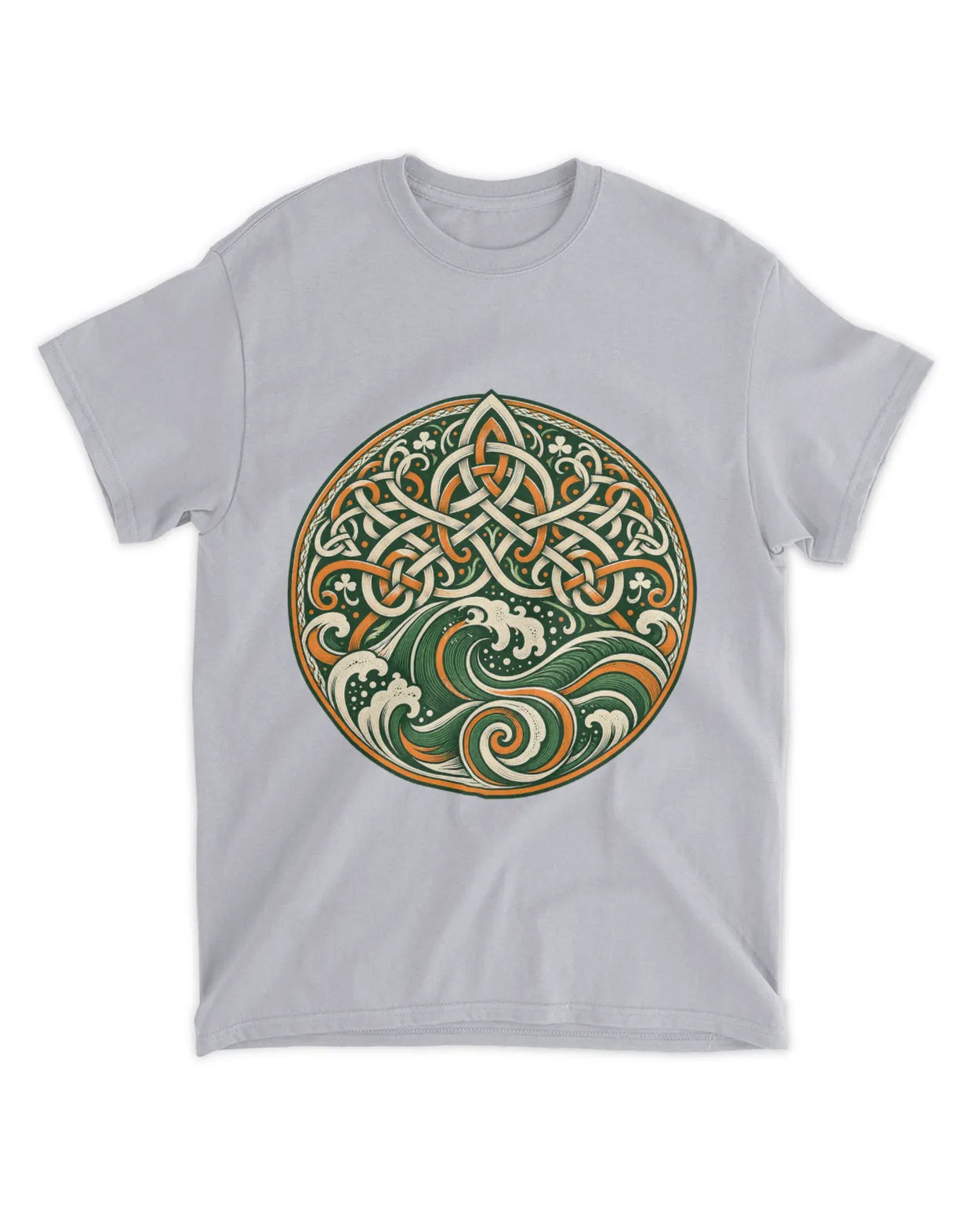 Light gray crew-neck t-shirt with circular Celtic knot and green-red trinity graphic