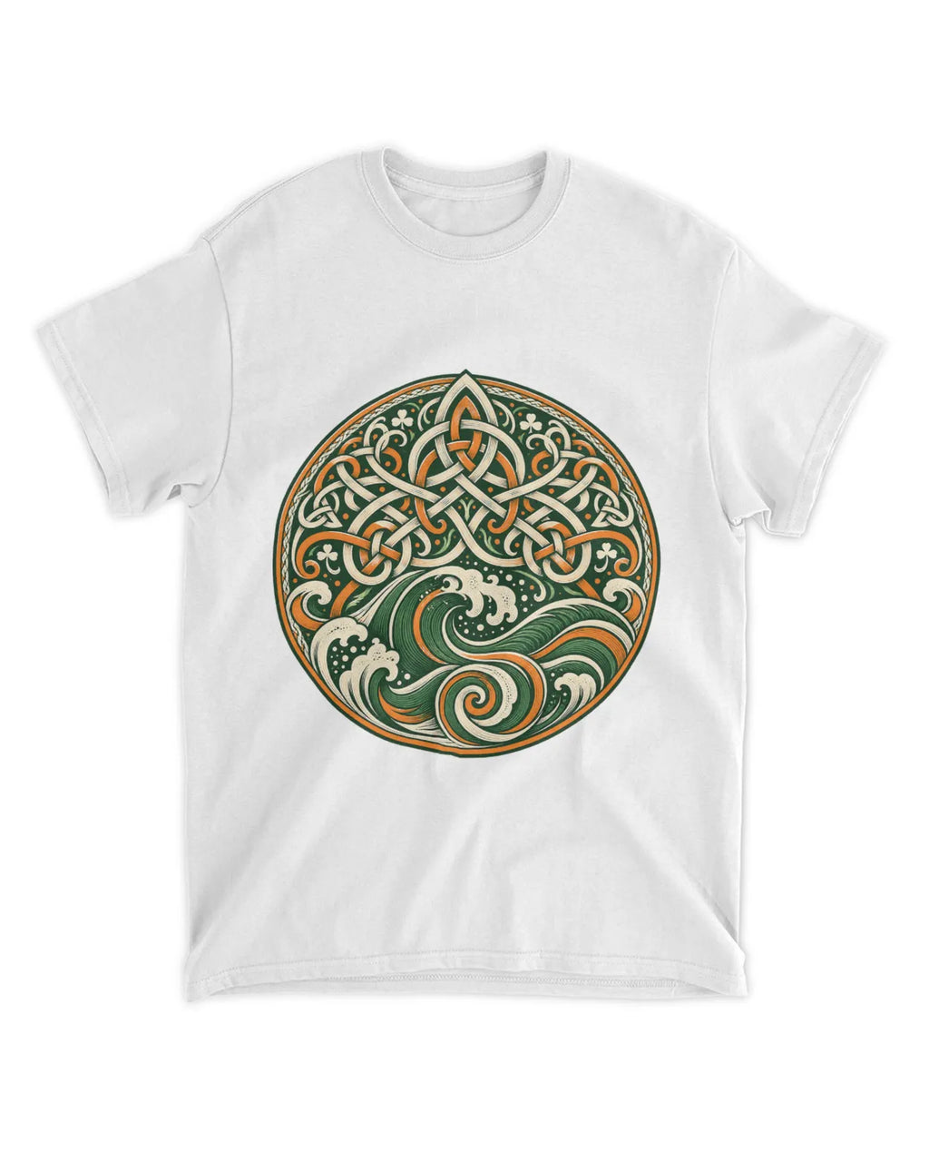 White crew-neck t-shirt with circular Celtic knot and green-red trinity graphic