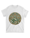 White crew-neck t-shirt with circular Celtic knot and green-red trinity graphic
