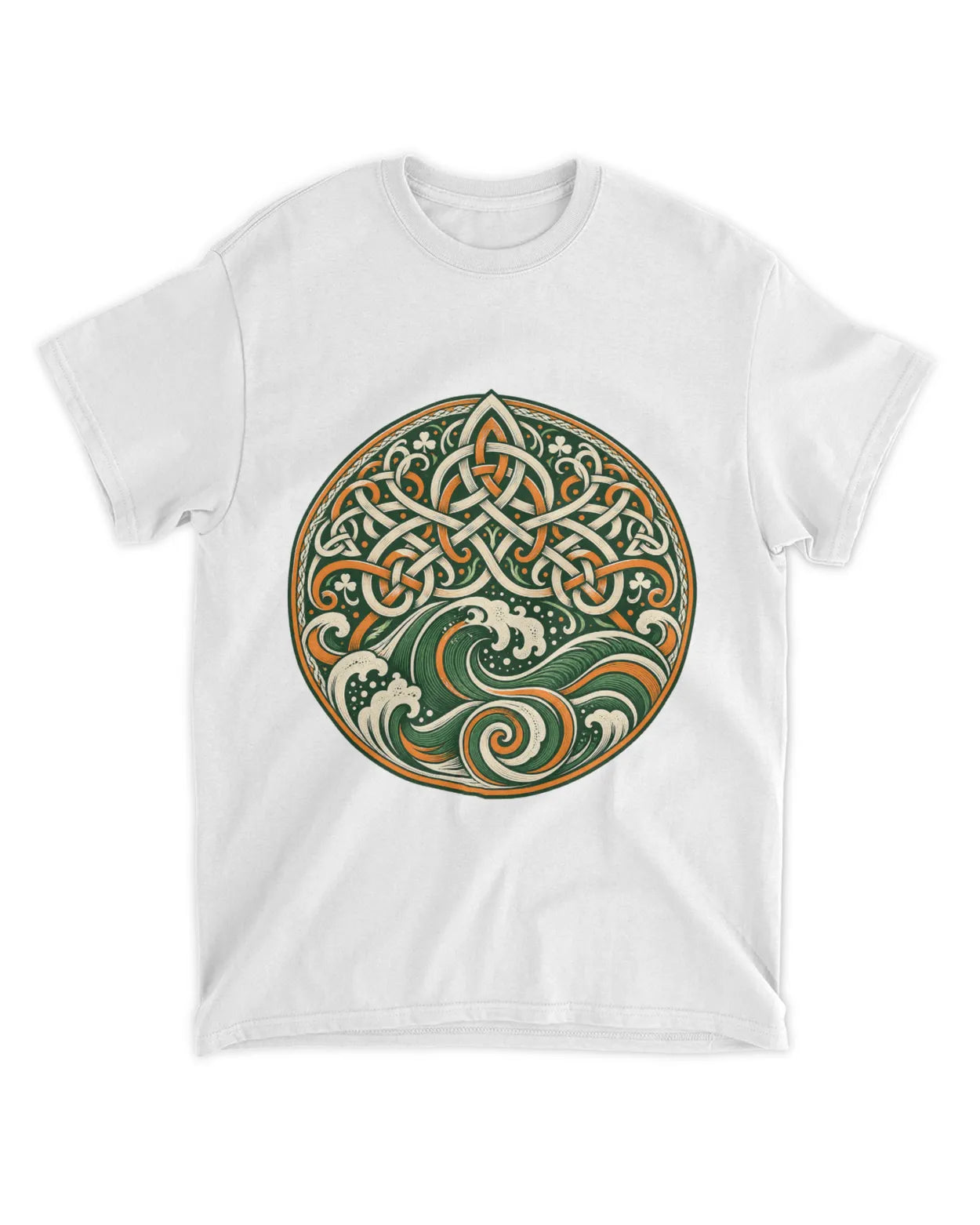 White crew-neck t-shirt with circular Celtic knot and green-red trinity graphic