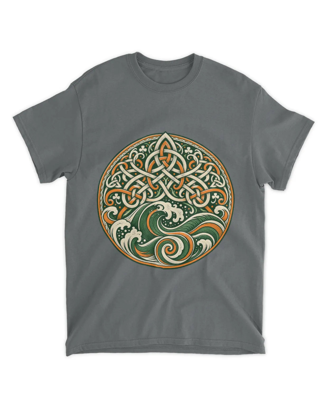 Charcoal crew-neck t-shirt with circular Celtic knot and green-red trinity graphic