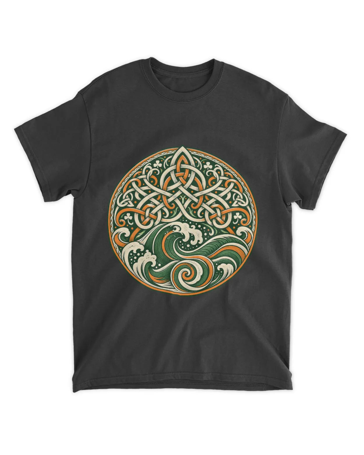 Black crew-neck t-shirt with circular Celtic knot and green-red trinity graphic