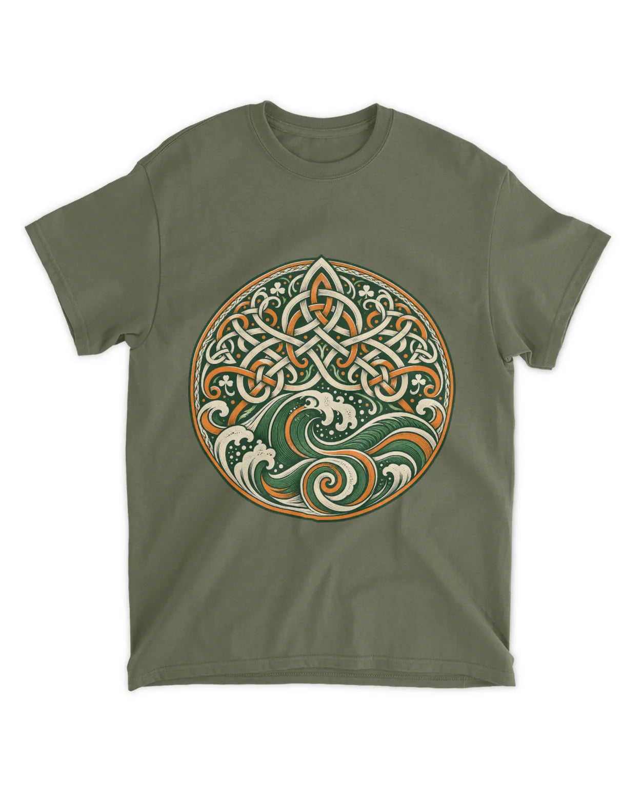 Military green crew-neck t-shirt with circular Celtic knot and green-red trinity graphic