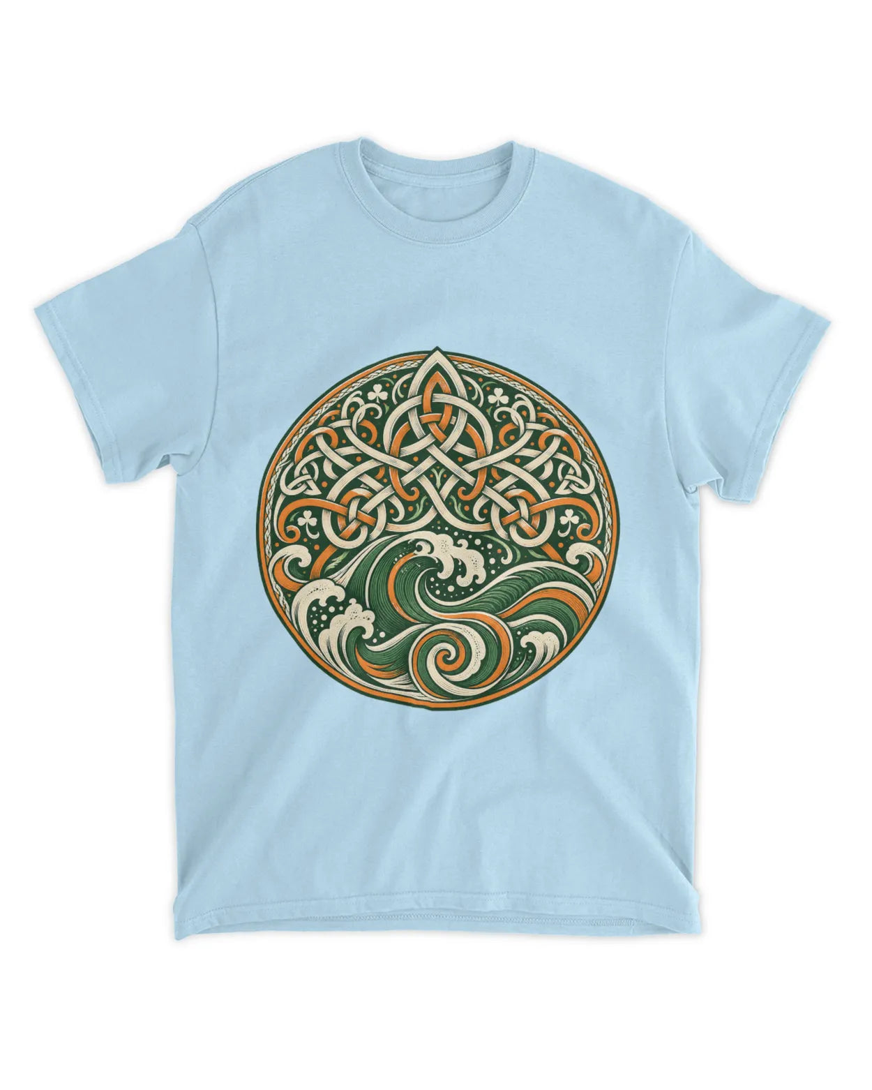 Light blue crew-neck t-shirt with circular Celtic knot and green-red trinity graphic