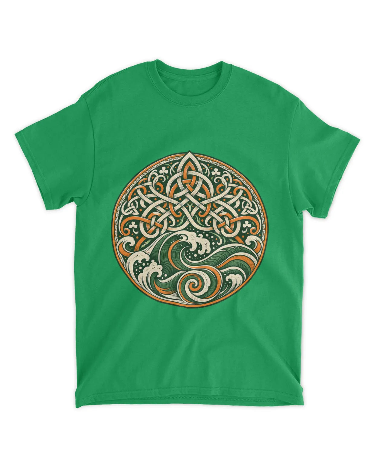 Irish green crew-neck t-shirt with circular Celtic knot and green-red trinity graphic
