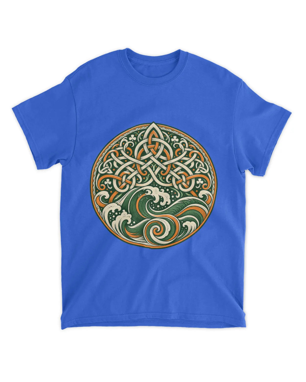 Royal blue crew-neck t-shirt with circular Celtic knot and green-red trinity graphic