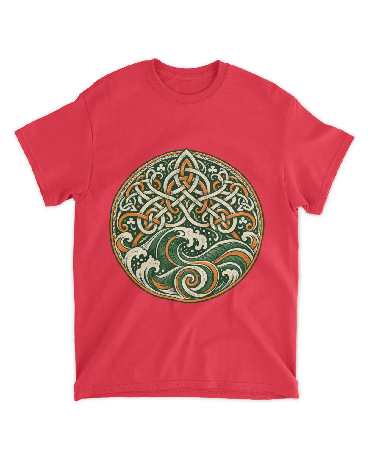 Red crew-neck t-shirt with circular Celtic knot and green-red trinity graphic