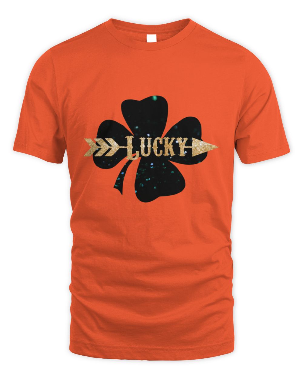 Orange Lucky clover T-shirt with black shamrock and gold “Lucky” logo