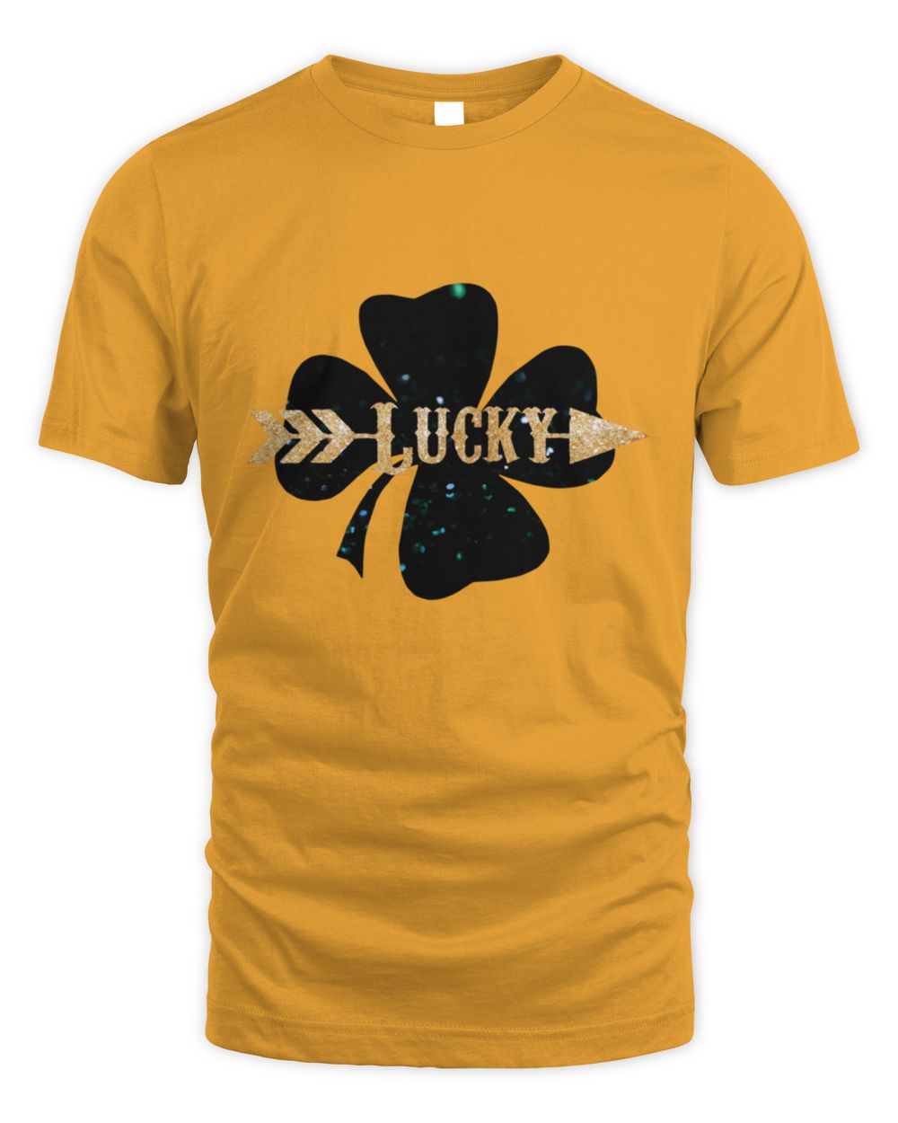 Gold Lucky clover T-shirt with black shamrock and gold “Lucky” logo