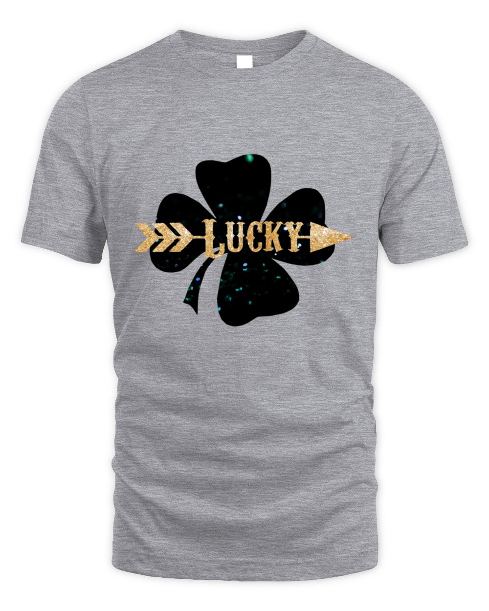 Gray Lucky clover T-shirt with black shamrock and gold “Lucky” logo