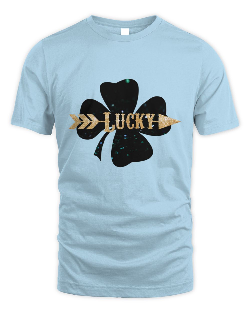 Light blue Lucky clover T-shirt with black shamrock and gold “Lucky” logo