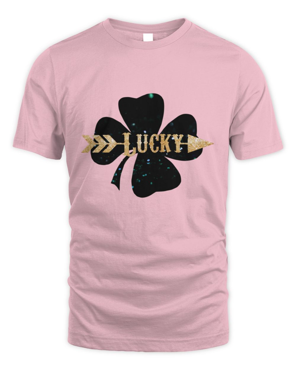 Pink Lucky clover T-shirt with black shamrock and gold “Lucky” logo
