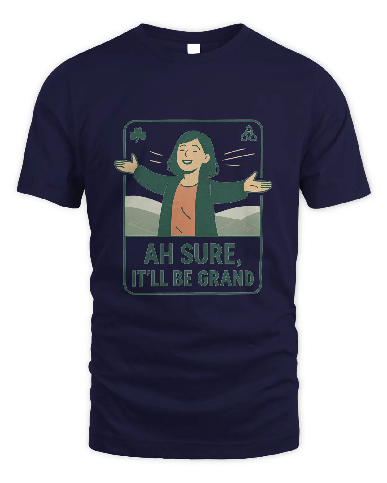 Navy T-shirt with front graphic of a smiling woman holding shamrock signs