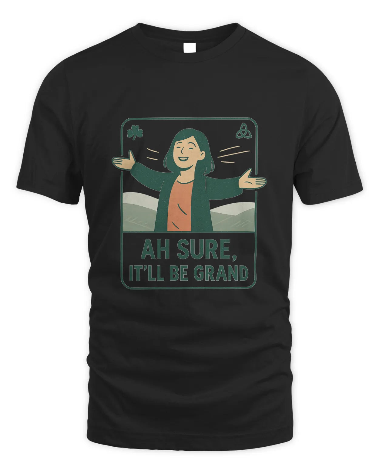 Black T-shirt with front graphic of a smiling woman holding shamrock signs