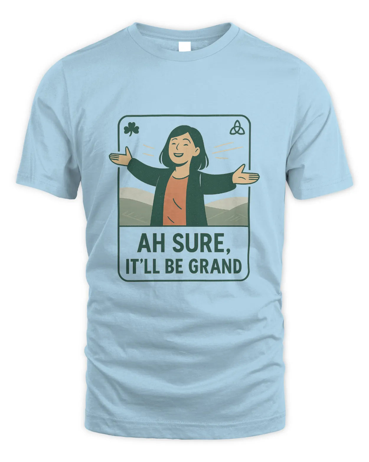 Light blue T-shirt with front graphic of a smiling woman holding shamrock signs
